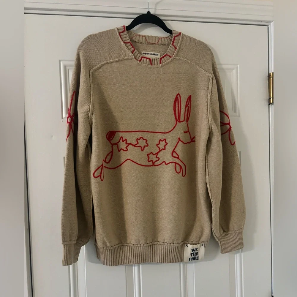 Free People We The Free Graphic Crewneck Sweater Embroidered Bunny Size … - Picture 5 of 15